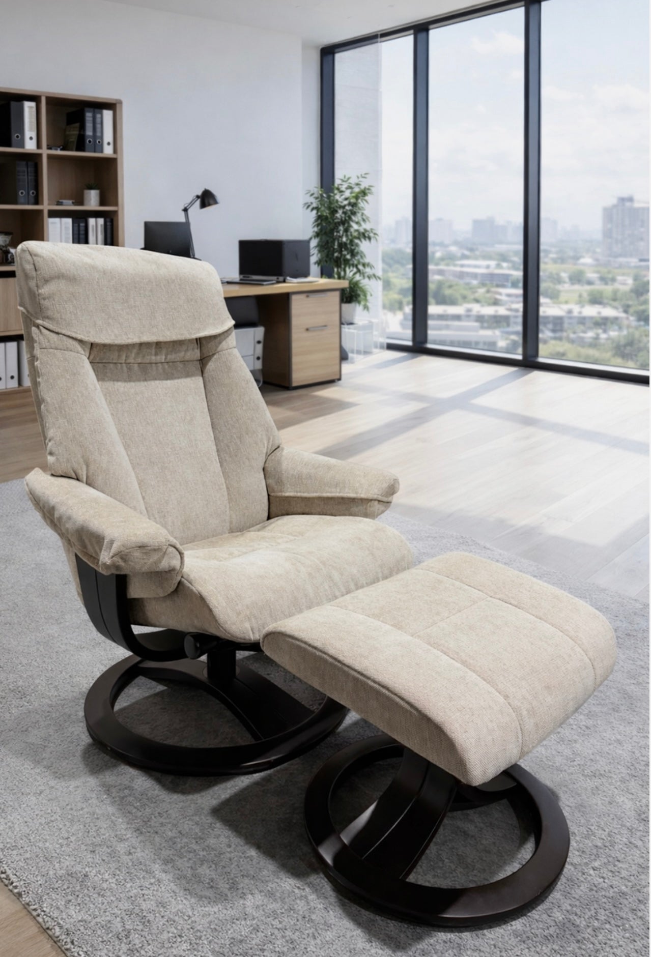 'Furniture Village' Beige Fabric Swivel Chair and Footstool / RRP £995