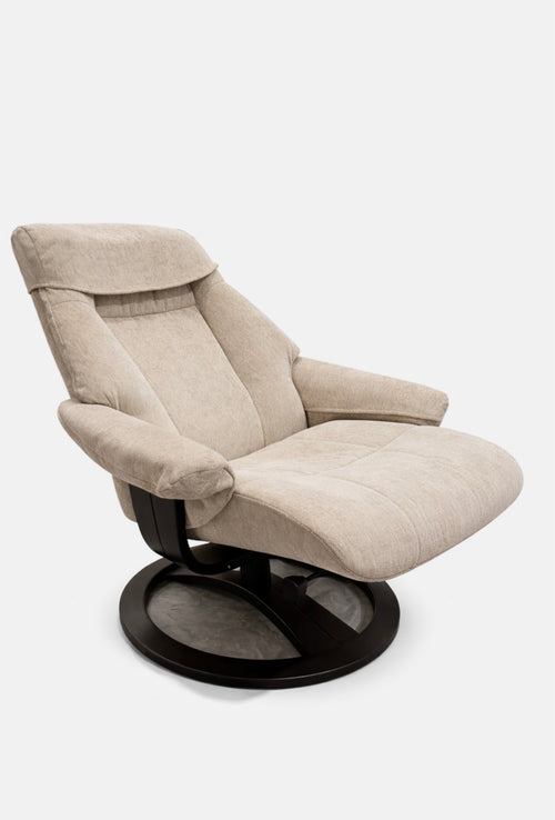 'Furniture Village' Beige Fabric Swivel Chair and Footstool / RRP £995