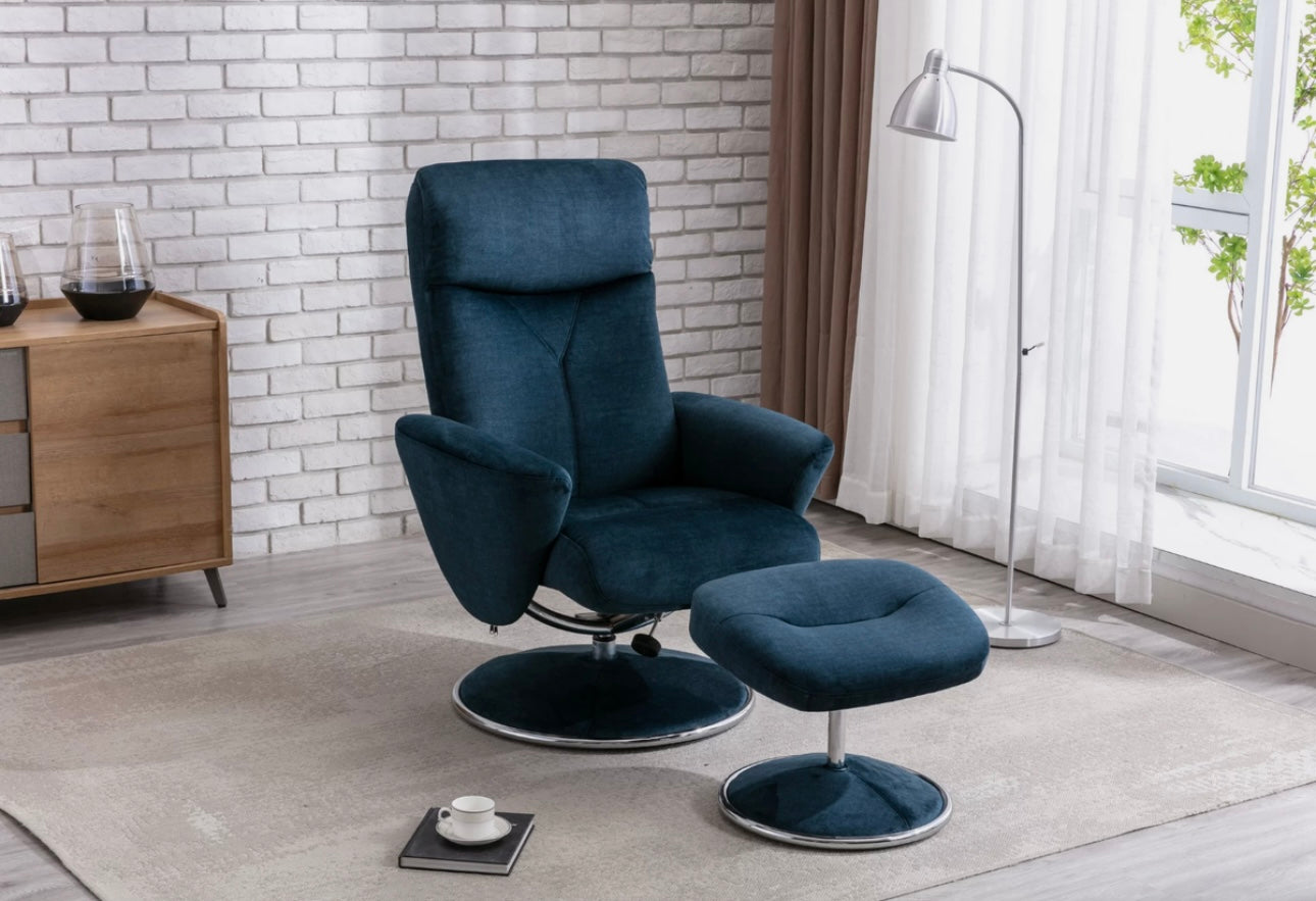 'Furniture Village' Deep Sea Fabric Swivel Recliner + Footstool / RRP £545