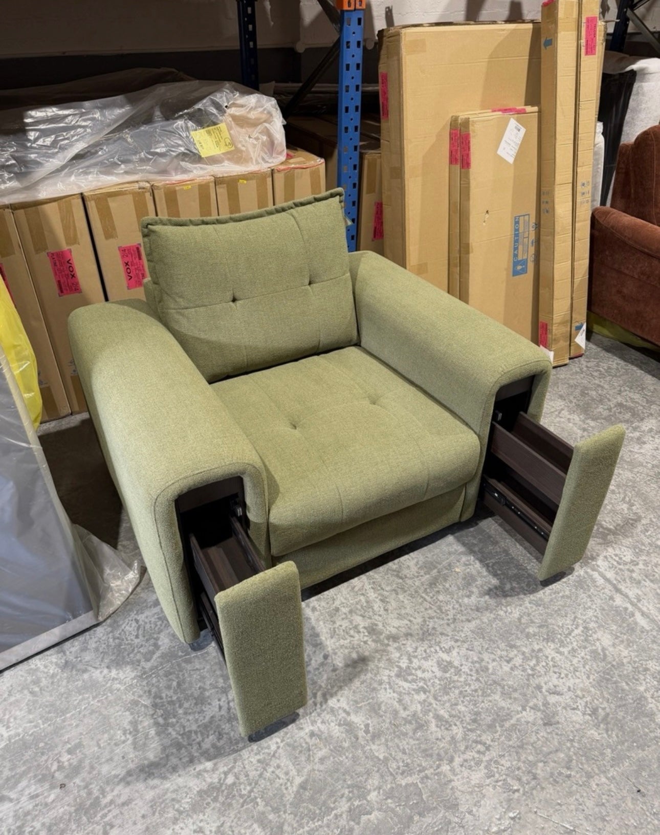 Furniture Village Goliath Green Fabric Armchair With Storage Draws - RRP £895