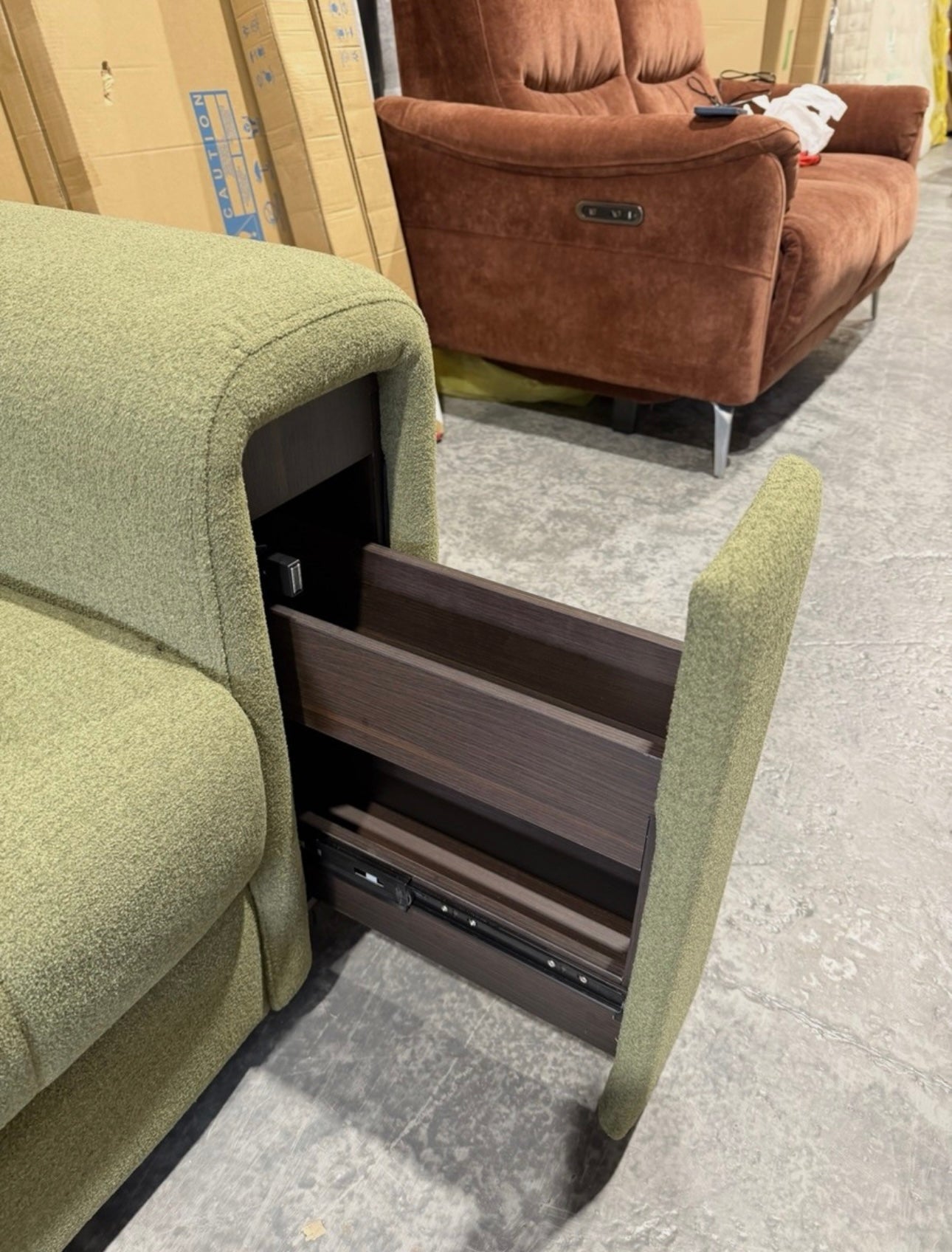 Furniture Village Goliath Green Fabric Armchair With Storage Draws - RRP £895