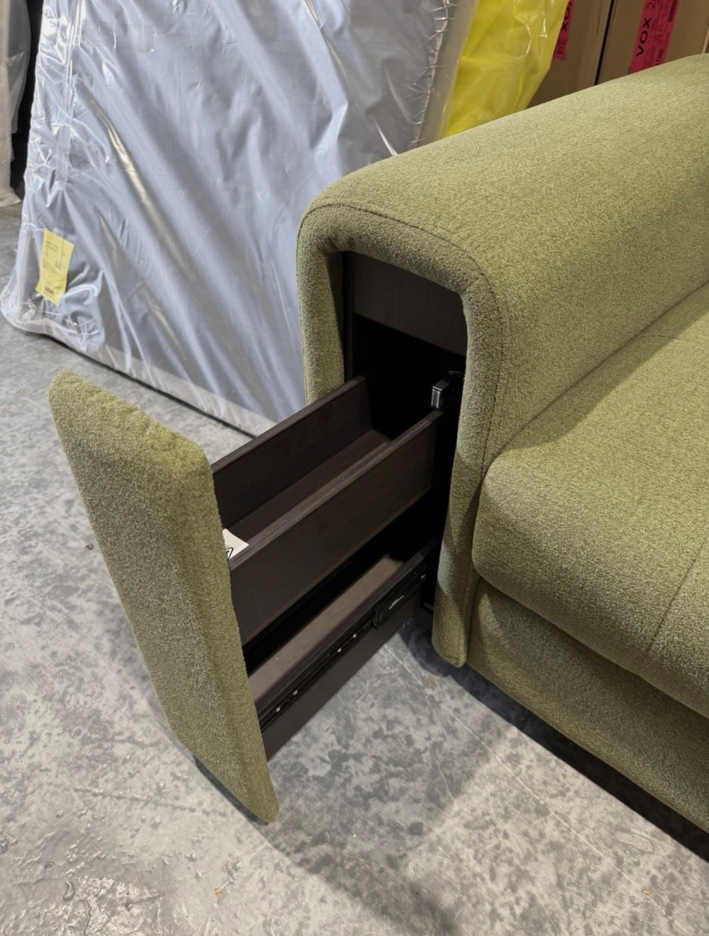 Furniture Village Goliath Green Fabric Armchair With Storage Draws - RRP £895