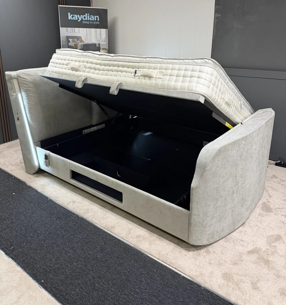 Super King Grey Premiere Ottoman & Dolby Atmos TV Bed with USBs / RRP: £3799