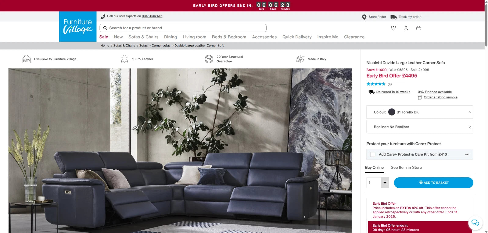 Nicoletti Davide Large Leather Corner Sofa, Extra Unit &Foot Stool / RRP: £7535!